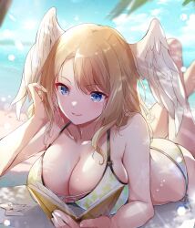 Rule 34 | 1girl, ass, bare shoulders, blue eyes, breasts, brown hair, cleavage, eunie (xenoblade), feet, feet up, head wings, highres, large breasts, legs up, looking at viewer, lying, on stomach, smile, solo, the pose, ui frara, white wings, wings, xenoblade chronicles (series), xenoblade chronicles 3