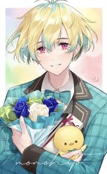 Rule 34 | 1boy, aqua bow, aqua bowtie, bad id, bad twitter id, blonde hair, bouquet, bow, bowtie, collared shirt, copyright request, earrings, flower, green jacket, hair between eyes, highres, idolmaster, idolmaster side-m, idolmaster side-m growing stars, jacket, jewelry, lapels, light green hair, long sleeves, looking at viewer, mairo, male focus, mole, mole under eye, multicolored hair, notched lapels, parted lips, pink eyes, shirt, short hair, solo, stud earrings, stuffed animal, stuffed toy, upper body, white shirt