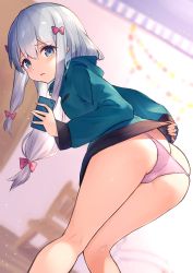Rule 34 | 1girl, absurdres, aqua eyes, aqua jacket, ass, bare legs, blurry, blurry background, blush, bow, cellphone, chair, commentary request, diieru, doorway, eromanga sensei, hair ornament, highres, holding, holding phone, indoors, izumi sagiri, jacket, kneepits, leaning forward, long hair, looking at viewer, looking back, multicolored clothes, multicolored jacket, panties, phone, pink bow, pink panties, silver hair, smartphone, solo, standing, thighs, underwear, wooden floor