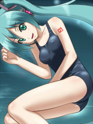 Rule 34 | 1girl, awa, green eyes, green hair, hatsune miku, long hair, lying, matching hair/eyes, on side, one-piece swimsuit, project diva, project diva (series), school swimsuit, solo, swimsuit, twintails, vocaloid