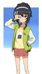 Rule 34 | 1girl, alternate hairstyle, black hair, brown eyes, casual, closed mouth, commentary, cowboy shot, frown, girls und panzer, green jacket, hair up, hairband, half-closed eye, hand in pocket, jacket, kayabakoro, letterman jacket, looking at viewer, miniskirt, ok sign, ok sign over eye, one-hour drawing challenge, one eye closed, onigiri print, open clothes, open jacket, outside border, print shirt, red skirt, reizei mako, shirt, short hair, skirt, solo, white hairband, yellow shirt