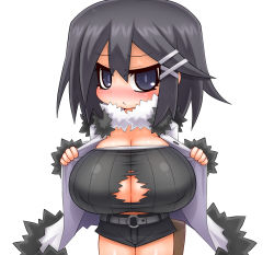 Rule 34 | 1girl, alexi (tits!), asagiri asagi, black hair, blue eyes, blush, breasts, cleavage, female focus, hair ornament, hairclip, highres, huge breasts, short shorts, shorts, simple background, solo, torn clothes, white background