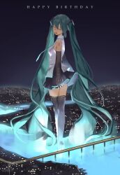 Rule 34 | 1girl, absurdres, bare shoulders, black hairband, black skirt, black thighhighs, blue hair, blue necktie, chamuring, city lights, closing eyes, collared shirt, from behind, full body, giant, hair between eyes, hairband, happy birthday, hatsune miku, head tilt, highres, light smile, looking back, lower teeth only, music, necktie, night, night sky, open mouth, shirt, shoulder tattoo, sidelocks, singing, skirt, sky, sleeveless, solo, standing, tattoo, teeth, thighhighs, twintails, vocaloid, white shirt