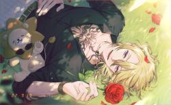 Rule 34 | 1boy, absurdres, augustus (luca kaneshiro), belt, blonde hair, character name, chest tattoo, collared shirt, commentary, dated, dress shirt, english commentary, eyelashes, flower, glint, grass, hair between eyes, hair ornament, hairclip, hand up, highres, holding, holding flower, jewelry, looking at viewer, luca kaneshiro, luca kaneshiro (1st costume), lying, male focus, medium hair, necklace, nijisanji, nijisanji en, on back, on grass, open collar, open mouth, outdoors, pants, parted bangs, pectoral cleavage, pectorals, petals, purple eyes, red flower, red rose, rose, round teeth, shirt, short sidetail, sidelocks, sleeves rolled up, smile, solo, stuffed animal, stuffed lion, stuffed toy, subob (jsg3303), tattoo, teeth, virtual youtuber, white pants, white shirt