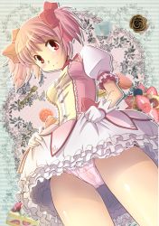 Rule 34 | 10s, 1girl, blush, bow, breasts, cake, choker, clothes lift, dress, dress lift, food, fork, from below, fruit, gloves, hair bow, iko (keitan), kaname madoka, magical girl, mahou shoujo madoka magica, mahou shoujo madoka magica (anime), official style, panties, pink eyes, pink hair, pink panties, puffy sleeves, pussy, short hair, short twintails, skirt hold, solo, strawberry, striped, striped background, twintails, underwear, white gloves