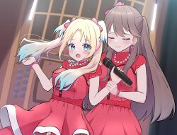 Rule 34 | 2girls, :o, absurdres, arm grab, bead necklace, beads, blonde hair, blue eyes, blue hair, blurry, blurry background, blush, bow, breasts, brown hair, clenched hand, closed eyes, commentary request, cowboy shot, do! do! do! (love live!), dress, dutch angle, fang, floating hair, fujishima megumi, gradient hair, hair bow, hand on another&#039;s shoulder, highres, holding, holding microphone, jewelry, light blue hair, link! like! love live!, long hair, looking at viewer, love live!, medium breasts, microphone, mira-cra park!, multicolored hair, multiple girls, necklace, open mouth, osawa rurino, panaham, parted bangs, pink bow, pink bracelet, red dress, short dress, sleeveless, sleeveless dress, stage, twintails, two side up, virtual youtuber