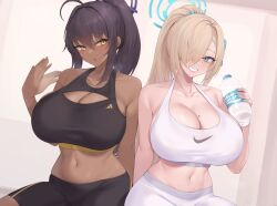 Rule 34 | 2girls, afterimage, ahoge, asuna (blue archive), bike shorts, black hair, black shorts, black sports bra, blonde hair, blue archive, blue eyes, blue nails, bottle, breasts, cleavage cutout, clothing cutout, collarbone, commentary request, dark-skinned female, dark skin, grin, hair between eyes, hair over one eye, hair ribbon, halo, hand up, heavy breathing, high ponytail, holding, holding bottle, huge breasts, karin (blue archive), kuavera, long hair, looking at viewer, mole, mole on breast, motion blur, multiple girls, navel, parted lips, ribbon, shorts, side-by-side, simple background, smile, sports bra, sportswear, very long hair, white sports bra, yellow eyes