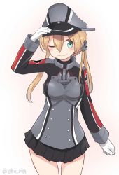 Rule 34 | 1girl, ahenn, aqua eyes, black skirt, blonde hair, blush, breasts, cowboy shot, gloves, hair between eyes, hat, kantai collection, long hair, long sleeves, looking at viewer, low twintails, medium breasts, military, military hat, military uniform, one eye closed, peaked cap, pleated skirt, prinz eugen (kancolle), skirt, smile, solo, twintails, twitter username, uniform, white gloves