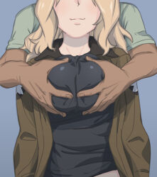 Rule 34 | 1boy, 1girl, absurdres, black shirt, blonde hair, blue background, breasts, closed mouth, girls und panzer, grabbing, grabbing another&#039;s breast, grabbing from behind, highres, huaronanago, kay (girls und panzer), large breasts, long hair, military uniform, saunders military uniform, shirt, simple background, smile, uniform