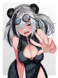 Rule 34 | 1girl, :d, animal ears, arknights, black dress, breasts, china dress, chinese clothes, cleavage, cleavage cutout, clothing cutout, dress, feater (arknights), gradient background, grey background, idashige (walkietalkie), large breasts, long hair, open mouth, panda ears, smile, solo