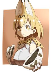 Rule 34 | 10s, 1girl, :t, animal ears, bare shoulders, border, bow, bowtie, breasts, brown background, brown eyes, cat ears, eating, elbow gloves, eyelashes, food, food on face, gloves, holding, holding food, japari bun, kemono friends, large breasts, looking at viewer, orange hair, outside border, religious offering, serval (kemono friends), serval print, shirt, simple background, sleeveless, sleeveless shirt, solo, tareme, upper body, white border, white shirt, yoshida on