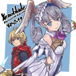 Rule 34 | 1boy, 1girl, blonde hair, blue eyes, closed mouth, copyright name, curly hair, dress, from side, head wings, holding, holding staff, long sleeves, looking to the side, melia antiqua, nintendo, o-ring, parted lips, puffy sleeves, red vest, short hair, shulk (xenoblade), silver hair, simple background, staff, vest, wings, xenoblade chronicles, xenoblade chronicles: future connected, xenoblade chronicles (series), xenoblade chronicles 1, yazwo