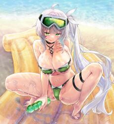 Rule 34 | 1girl, absurdres, ahoge, air mattress, barefoot, bikini, breasts, cameltoe, cleavage, commission, eyepatch bikini, feet, green bikini, green eyes, grey hair, hair ornament, highres, indie virtual youtuber, kiyama satoshi, large breasts, legs, long hair, looking at viewer, lotion, micro bikini, no shoes, partially visible vulva, rimuchi (vtuber), side ponytail, skeb commission, smile, solo, spread legs, squatting, strapless, suggestive fluid, swimsuit, thigh strap, tiptoes, toenails, toes, tongue, tongue out, tube top, virtual youtuber
