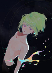 Rule 34 | 1boy, androgynous, bishounen, butterfly39561, green hair, light green hair, lio fotia, male focus, multicolored fire, nipples, pastel colors, promare, purple eyes, solo, topless male
