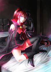 Rule 34 | 10s, 1girl, bed, black gloves, blue eyes, boots, elbow gloves, gender request, genderswap, gloves, hair ornament, twirling hair, happinesscharge precure!, high heel boots, high heels, highres, indian style, indoors, long hair, magical girl, miniskirt, on bed, open mouth, phantom (happinesscharge precure!), pleated skirt, ponytail, precure, raito (latek), red hair, red skirt, ribbon, sitting, skirt, solo, thigh boots, thighhighs, unlovely (happinesscharge precure!), very long hair