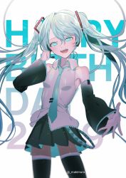 Rule 34 | 1girl, aqua eyes, aqua hair, bare shoulders, cowboy shot, dated, detached sleeves, hand on own cheek, hand on own face, happy birthday, hatsune miku, headset, highres, long hair, looking at viewer, makimura (miwmiw-cage), music, necktie, outstretched hand, pleated skirt, singing, skirt, solo, thighhighs, twintails, twitter username, very long hair, vocaloid