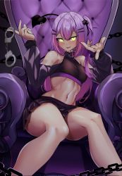 Rule 34 | 1girl, armchair, bare legs, bare shoulders, beckoning, black border, black bow, black ribbon, black shirt, blush, border, bow, breasts, chain, chair, character hair ornament, choker, colored inner hair, colored tips, crop top, cropped jacket, crossed bangs, cuffs, demon girl, demon tail, eyelashes, fingernails, frilled choker, frills, glowing, glowing eyes, hair ornament, hair ribbon, hairclip, half-closed eyes, handcuff dangle, handcuffs, highres, holding, holding handcuffs, hololive, jacket, long eyelashes, midriff, miniskirt, multicolored hair, nail polish, navel piercing, on chair, one side up, outstretched hand, piercing, pink choker, pink hair, pink nails, pleated skirt, purple background, purple hair, purple jacket, purple sleeves, ribbon, shiny skin, shirt, sitting, skirt, slit pupils, solo, spread legs, tail, tail ornament, tail piercing, taut clothes, taut shirt, teeth, therrao, thick thighs, thighs, throne, tokoyami towa, toned, upper teeth only, virtual youtuber, yellow eyes