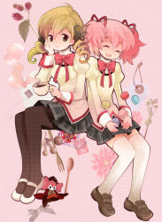 Rule 34 | 10s, 2girls, :d, black legwear, blonde hair, brown eyes, charlotte (madoka magica), closed eyes, contrail, cookie, cup, drill hair, food, frills, hand on own cheek, hand on own face, highres, kaname madoka, loafers, long hair, looking at viewer, macaron, mahou shoujo madoka magica, mahou shoujo madoka magica (anime), mary janes, multiple girls, nogaki suzume, open mouth, pantyhose, pink hair, pleated skirt, polka dot, polka dot legwear, school uniform, shoes, short hair, sitting, skirt, smile, tag, teacup, thighhighs, thread, tomoe mami, twintails, unmoving pattern, white legwear