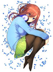 Rule 34 | 1girl, black pantyhose, blue cardigan, blue eyes, blush, breasts, brown hair, cardigan, commentary request, cover, cover page, fetal position, from above, full body, go-toubun no hanayome, green skirt, hair between eyes, hair over one eye, haruba negi, headphones, headphones around neck, highres, hugging own legs, large breasts, long hair, long sleeves, looking at viewer, lying, nakano miku, no shoes, official art, on side, pantyhose, parted lips, petals, pleated skirt, school uniform, shadow, sidelocks, simple background, skirt, solo, thighband pantyhose, white background