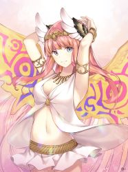 Rule 34 | 1girl, armlet, armpits, arms behind head, arms up, artist name, bangle, blonde hair, blue eyes, blunt bangs, blush, bracelet, breasts, circe (fate), circlet, cleavage, cowboy shot, fate/grand order, fate (series), glint, gradient background, jewelry, light particles, long hair, looking at viewer, medium breasts, miniskirt, multicolored eyes, multicolored hair, multicolored wings, nagu, navel, necklace, parted lips, pink eyes, pink hair, sidelocks, skirt, sleeveless, smile, solo, standing, stomach, tareme, two-tone hair, very long hair, white skirt, winged hair ornament, wings