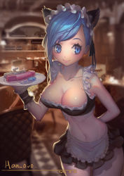 Rule 34 | 1girl, absurdres, animal ears, arm behind back, blue eyes, blue hair, blurry, blush, breasts, cat ears, cleavage, condom, condom wrapper, cowboy shot, dated, depth of field, dildo, egg vibrator, han-0v0, highres, indoors, large breasts, leaning forward, looking at viewer, maid, maid headdress, matching hair/eyes, midriff, navel, original, rabbit vibrator, sex toy, signature, skirt, smile, solo, standing, tray, vibrator
