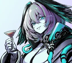 Rule 34 | 1girl, arknights, blue eyes, breasts, cup, drink, drinking glass, ebiblue, evil smile, fingernails, gradient background, grey background, grey hair, head wings, highres, ho&#039;olheyak (arknights), holding, holding cup, large breasts, long fingernails, looking at viewer, parted lips, sharp fingernails, short hair, smile, solo, upper body, wings