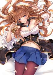 Rule 34 | 1girl, aoi (kirabosi105), bare shoulders, blue eyes, blush, breasts, brown hair, cleavage, closed mouth, detached collar, granblue fantasy, large breasts, lecia (granblue fantasy), long hair, looking at viewer, lying, midriff, navel, on back, puffy sleeves, solo, torn clothes, torn legwear