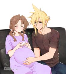 Rule 34 | 1boy, 1girl, aerith gainsborough, alternate costume, alternate hairstyle, aqua eyes, blonde hair, blush, brown hair, brown shirt, casual, closed eyes, cloud strife, couch, couple, cup, denim, dress, earrings, final fantasy, final fantasy vii, final fantasy vii remake, hair between eyes, holding, holding cup, jeans, jewelry, krudears, maternity dress, musical note, pants, parted bangs, parted lips, pregnant, purple dress, ring, shirt, side ponytail, sidelocks, single earring, sitting, smile, spiked hair, square enix, t-shirt, twitter username, upper body, watermark, wavy hair, web address, white background