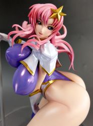 Rule 34 | 1girl, arched back, ass, bent over, blue eyes, blush, bouncing breasts, breasts, covered erect nipples, curvy, dutch angle, female focus, figure, gloves, gundam, gundam seed, gundam seed destiny, hair ornament, highleg, highres, hip focus, huge ass, huge breasts, leotard, long hair, looking at viewer, looking back, meer campbell, open mouth, photo (medium), pink hair, pole, purple leotard, shiny clothes, shiny skin, skin tight, smile, solo, star (symbol), star hair ornament, thick thighs, thighs, thong leotard, unaligned breasts, white gloves