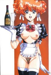 Rule 34 | 1girl, alcohol, breastless clothes, breasts, cup, drinking glass, female pubic hair, gloves, maid, nipples, no bra, no panties, pubic hair, solo, thighhighs, tray, urushihara satoshi, waitress, wine, wine glass