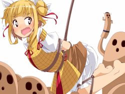 Rule 34 | 1girl, arm up, arms behind back, barefoot, bdsm, black eyes, blonde hair, blouse, blush, bow, breasts, brown dress, commentary request, double bun, dress, flying sweatdrops, hair bun, hair ribbon, hand up, haniwa (statue), hemogurobin a1c, joutouguu mayumi, legs up, looking at another, looking to the side, medium breasts, nervous, open mouth, puffy short sleeves, puffy sleeves, red bow, red ribbon, restrained, ribbon, shirt, short hair, short sleeves, shorts, simple background, solo, sweat, sweatdrop, touhou, white background, white ribbon, white shirt, white shorts, yellow dress
