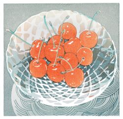 Rule 34 | blue background, border, bowl, cherry, commentary, food, food focus, fruit, no humans, original, signature, simple background, white border, yasuko aoyama