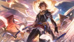 Rule 34 | 1boy, absurdres, ahoge, armor, belt, bishounen, blue belt, blue wings, breastplate, brown hair, brown wings, cape, cloud, cloudy sky, company name, dawn, expressionless, falling feathers, feathers, fingerless gloves, floating cape, from below, game cg, gloves, granblue fantasy, granblue fantasy versus: rising, hair between eyes, highres, hood, hood down, leather, leather pants, light particles, logo, looking down, male focus, messy hair, minaba hideo, multiple wings, official art, orange sky, pants, parted lips, red eyes, red wings, sandalphon (granblue fantasy), scabbard, sheath, short hair, sky, solo focus, sword, third-party source, weapon, white cape, white feathers, white wings, wings