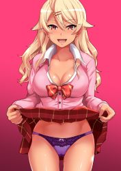 Rule 34 | 1girl, absurdres, amaryllis gumi, bare legs, blonde hair, blush, breasts, clothes lift, earrings, fang, gyaru, hair ornament, hairclip, haruhisky, highleg, highleg panties, highres, jewelry, large breasts, lifting own clothes, loliconlips, long hair, looking at viewer, navel, open mouth, ouga saki, panties, red eyes, school uniform, seifukusmile, shiny skin, skirt, skirt lift, solo, standing, underwear, upper body, virtual youtuber