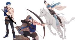 Rule 34 | 1boy, aiming, alternate costume, alternate weapon, archery, armor, arrow (projectile), belt, blue hair, bodypaint, bow (weapon), cape, closed mouth, cu chulainn (fate), detached sleeves, earrings, fate/stay night, fate (series), fingerless gloves, floating hair, full body, gloves, hood, hood down, hood up, hooded cape, horse, horseback riding, jewelry, cu chulainn (fate/stay night), loincloth, long hair, male focus, muscular, muscular male, pants, pauldrons, ponytail, quiver, red eyes, riding, saku (saksak1100), sandals, topless male, short hair, shoulder armor, simple background, solo, spiked hair, squatting, toeless footwear, weapon, white background