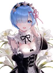 Rule 34 | 1girl, black dress, black ribbon, blue eyes, blue hair, blush, breasts, cleavage, commentary, cowboy shot, detached sleeves, dress, eyes visible through hair, flower, flower knot, frills, hair ornament, hair over one eye, hair ribbon, hand in own hair, hand up, highres, large breasts, long sleeves, looking at viewer, maid, maid headdress, medium breasts, neck ribbon, open mouth, poddo (potto), re:zero kara hajimeru isekai seikatsu, rem (re:zero), ribbon, roswaal mansion maid uniform, short hair, simple background, smile, solo, symbol-only commentary, teeth, upper teeth only, white background, white flower, white legwear, x hair ornament