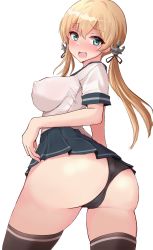 Rule 34 | 1girl, alternate costume, anchor hair ornament, aqua eyes, ass, black panties, black thighhighs, blonde hair, blush, breasts, check commentary, commentary, commentary request, covered erect nipples, eyelashes, from behind, hair between eyes, hair ornament, hair ribbon, highres, kantai collection, kihou no gotoku dmc, large breasts, low twintails, naughty face, no bra, open mouth, panties, pleated skirt, prinz eugen (kancolle), ribbon, sailor collar, school uniform, serafuku, short hair, short sleeves, simple background, skirt, solo, thighhighs, twintails, underwear, white background
