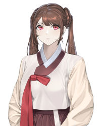 Rule 34 | 1girl, bad id, bad pixiv id, braid, brown hair, expressionless, highres, long hair, long sleeves, looking at viewer, norunollu, original, red eyes, red ribbon, ribbon, simple background, solo, twintails, upper body, white background