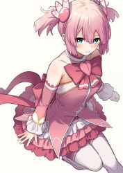 Rule 34 | 1girl, absurdres, aqua eyes, bare shoulders, beige background, borushichi, chiyoda momo, choker, detached sleeves, frilled skirt, frills, gradient background, hair between eyes, hair ornament, highres, looking at viewer, machikado mazoku, magical girl, parted lips, pink choker, pink hair, pink skirt, short hair, skirt, solo, thighhighs, white background, white thighhighs