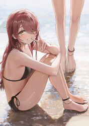 Rule 34 | 2girls, ame (uten cancel), ankleband, bare arms, bare shoulders, barefoot, beach, bikini, black bikini, blush, breasts, brown hair, comiket 102, elbow on knee, grin, highres, hugging own legs, idolmaster, idolmaster shiny colors, knees up, legs together, long hair, looking at viewer, looking to the side, multiple girls, on ground, osaki tenka, outdoors, side-tie bikini bottom, sitting, small breasts, smile, solo focus, straight hair, string bikini, swimsuit, toes, v, very long hair, water drop, wet, wet hair