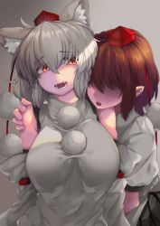 Rule 34 | 2girls, absurdres, animal ears, bad id, bad pixiv id, bare shoulders, black skirt, breasts, brown hair, collared shirt, commentary, detached sleeves, hat, highres, inubashiri momiji, large breasts, multiple girls, open mouth, pointy ears, pom pom (clothes), red eyes, ribbon-trimmed sleeves, ribbon trim, shaded face, shameimaru aya, shirokaba114, shirt, short hair, silver hair, skirt, sleeveless, sleeveless shirt, tokin hat, touhou, turtleneck, white shirt, wolf ears