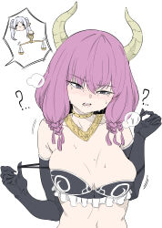 Rule 34 | 1girl, ?, absurdres, aura (sousou no frieren), bare shoulders, black gloves, blush, breasts, choker, cleavage, collarbone, commentary request, crying, demon girl, elbow gloves, flying sweatdrops, frills, gloves, hair between eyes, hair ornament, highres, horns, large breasts, long hair, looking at viewer, low twintails, mangpum (taro109210), navel, nose blush, off shoulder, open mouth, purple eyes, purple hair, sidelocks, simple background, smile, solo, sousou no frieren, speech bubble, spoken question mark, sweat, translation request, twintails, upper body, w arms, wavy mouth, weighing scale, white background