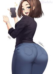 Rule 34 | 1girl, artist name, ass, black shirt, blue eyes, blue nails, blue pants, blush, brown hair, closed mouth, denim, from behind, heart, highres, holding, holding phone, huge ass, iwbitu, jeans, looking at viewer, mole, mole under eye, motion lines, nail polish, pants, pantylines, phone, product girl, samsung, samsung sam, shirt, short hair, simple background, smile, solo, sparkle, tight clothes, tight pants, white background