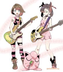 Rule 34 | 2girls, alternate costume, aqua eyes, asymmetrical bangs, asymmetrical hair, bare legs, bass guitar, black footwear, black hair, black legwear, blue eyes, blush stickers, boots, breasts, brown footwear, brown hair, choker, cleavage, creatures (company), crop top, cross-laced footwear, dress, earrings, electric guitar, fender jazz bass, fender stratocaster, full body, game freak, gen 1 pokemon, gloria (pokemon), guitar, hair over one eye, hair ribbon, highres, instrument, jewelry, jigglypuff, leather, leather boots, looking at viewer, marnie (pokemon), medium hair, microphone, midriff, miniskirt, multiple girls, music, musical note, navel, nintendo, open mouth, pink dress, pink legwear, pokemon, pokemon (creature), pokemon swsh, ribbon, short dress, short hair, shuri (84k), simple background, singing, skirt, sleeveless, sleeveless dress, small breasts, smile, spaghetti strap, staff (music), standing, striped clothes, striped legwear, striped thighhighs, tattoo, thighhighs, thighs, torn clothes, torn legwear, twintails, twitter username, white background