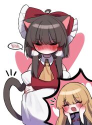 Rule 34 | 2girls, ahoge, animal ears, ascot, bare shoulders, blonde hair, blush, bow, brown hair, cat ears, cat girl, cat tail, chibi, chibi inset, closed eyes, commentary request, crossed arms, detached sleeves, facing viewer, frilled bow, frills, hair bow, hakurei reimu, hands on own cheeks, hands on own face, heart, heart tail, highres, kemonomimi mode, korean commentary, long hair, long sleeves, multiple girls, open mouth, red bow, red vest, sidelocks, spoken blush, sweat, tail, tohou89, touhou, vest, white background, white sleeves, wide sleeves, yakumo yukari, yellow ascot