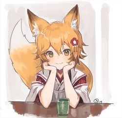 Rule 34 | 1girl, :3, animal ear fluff, animal ears, blonde hair, head rest, closed mouth, commentary, cup, flower, fox ears, fox girl, fox tail, hair flower, hair ornament, hands up, japanese clothes, kimono, looking at viewer, nagu, red flower, senko (sewayaki kitsune no senko-san), sewayaki kitsune no senko-san, short hair, signature, smile, solo, tail, white kimono, yellow eyes