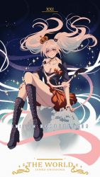 Rule 34 | 1girl, bear hair ornament, black footwear, black necktie, blue eyes, boots, bow, breasts, character name, cleavage, collarbone, commentary, criis-chan, cross-laced footwear, crown, danganronpa: trigger happy havoc, danganronpa (series), enoshima junko, floating hair, hair ornament, high heel boots, high heels, knee boots, lace-up boots, large breasts, long hair, necktie, red bow, red skirt, roman numeral, shirt, skirt, smile, solo, tarot, tarot (medium), the world (tarot), twintails, twitter username, white necktie