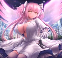 Rule 34 | 2girls, alternate breast size, black hair, bow, breasts, choker, cityscape, closed mouth, commentary, dress, frilled dress, frilled sleeves, frills, giant, giantess, gloves, hair bow, highres, huge breasts, kaname madoka, light smile, magical girl, mahou shoujo madoka magica, multiple girls, pink hair, seiza, short sleeves, sitting, two side up, ultimate madoka, white bow, white choker, white dress, white gloves, wings, yellow eyes, zen-gts