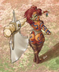 Rule 34 | 1girl, amazon warrior, artist request, ass, axe, bodypaint, colored skin, dark-skinned female, dark skin, dreadlocks, female focus, fringe trim, from above, from behind, green eyes, green skin, leather, leotard, looking at viewer, looking back, muscular, original, outdoors, red hair, red skin, solo, swathe, tattoo, thighhighs, thong, thong leotard, tribal, warrior, weapon