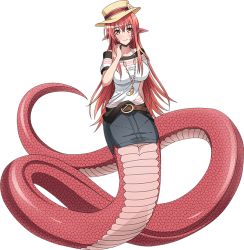 Rule 34 | 1girl, artist request, black skirt, blush, breasts, full body, hair ornament, hairclip, hat, hat ornament, jewelry, lamia, large breasts, long hair, miia (monster musume), monster girl, monster musume no iru nichijou, monster musume no iru nichijou online, necklace, official alternate costume, official art, pointy ears, red hair, scales, shirt, skirt, slit pupils, solo, transparent background, very long hair, white shirt, yellow eyes